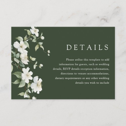 Botanical White Wildflower Emerald Wedding Details Enclosure Card