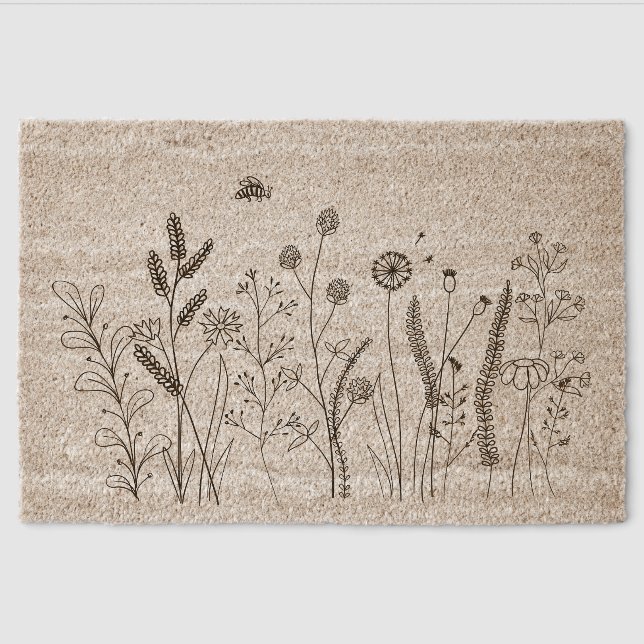 Botanical Wildflower Coir Doormat with Bee Design Fiber Doormat (Front)
