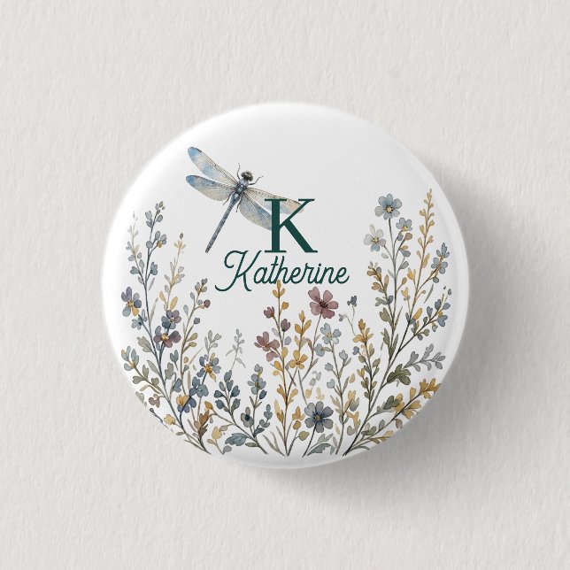 Botanical Wildflower Dragonfly Monogram Canvas Tot Button (Front)