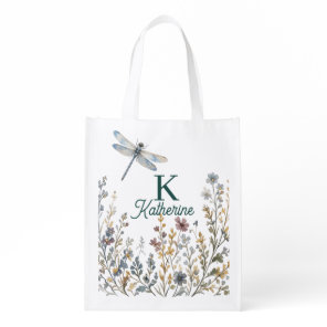 Botanical Wildflower Dragonfly Monogram Canvas Tot Grocery Bag