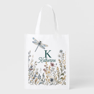 Botanical Wildflower Dragonfly Monogram Canvas Tot Grocery Bag