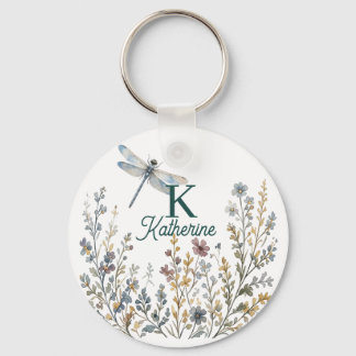 Botanical Wildflower Dragonfly Monogram Canvas Tot Keychain