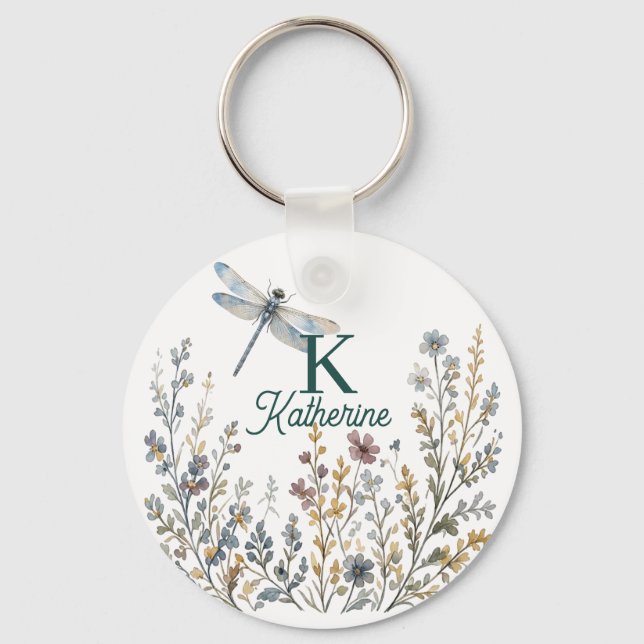 Botanical Wildflower Dragonfly Monogram Canvas Tot Keychain (Front)