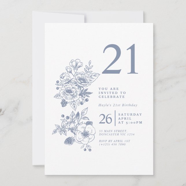 Botanical Wildflower Dusty Blue 21st Birthday Invitation (Front)