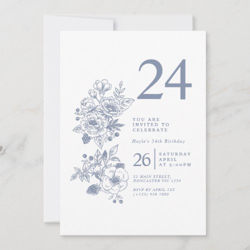 Botanical Wildflower Dusty Blue 24th Birthday Invitation