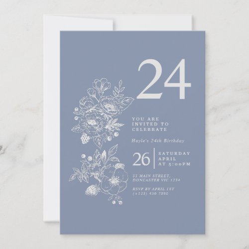 Botanical Wildflower Dusty Blue 24th Birthday Invitation