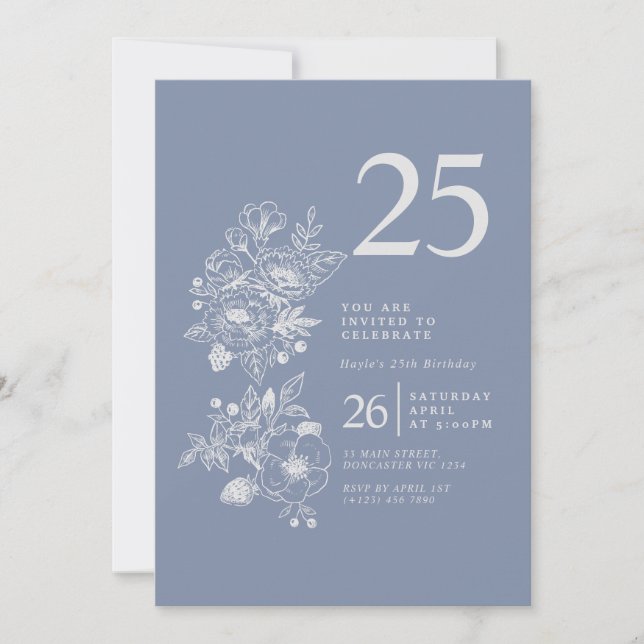 Botanical Wildflower Dusty Blue 25th Birthday Invitation (Front)