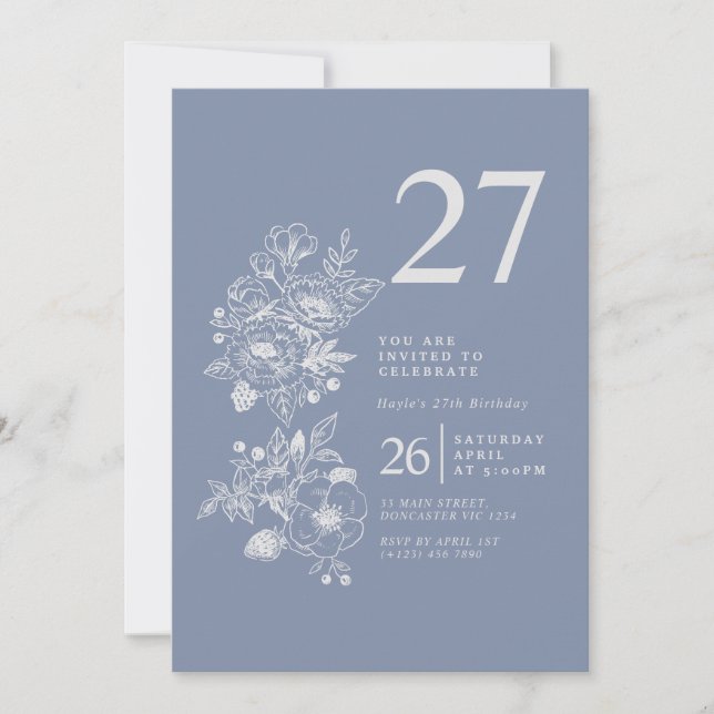 Botanical Wildflower Dusty Blue 27th Birthday Invitation (Front)