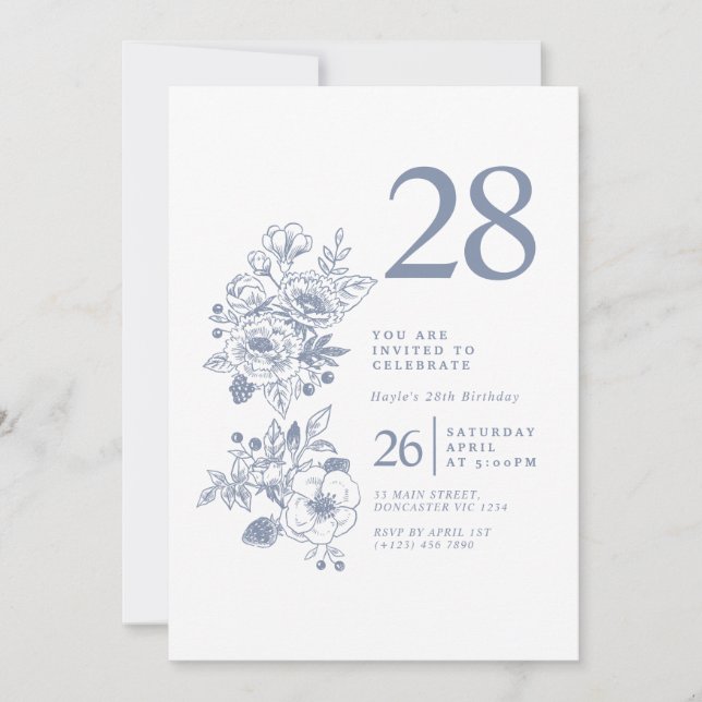 Botanical Wildflower Dusty Blue 28th Birthday Invitation (Front)