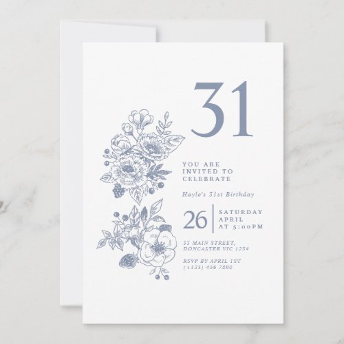 Botanical Wildflower Dusty Blue 31st Birthday Invitation