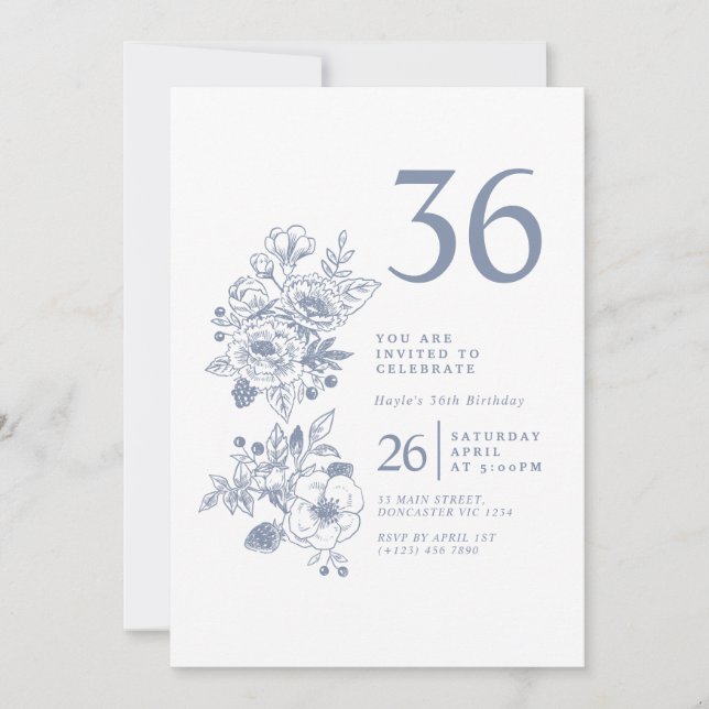 Botanical Wildflower Dusty Blue 36th Birthday Invitation (Front)