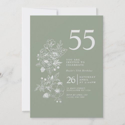 Botanical Wildflower Dusty Blue 55th Birthday Invitation