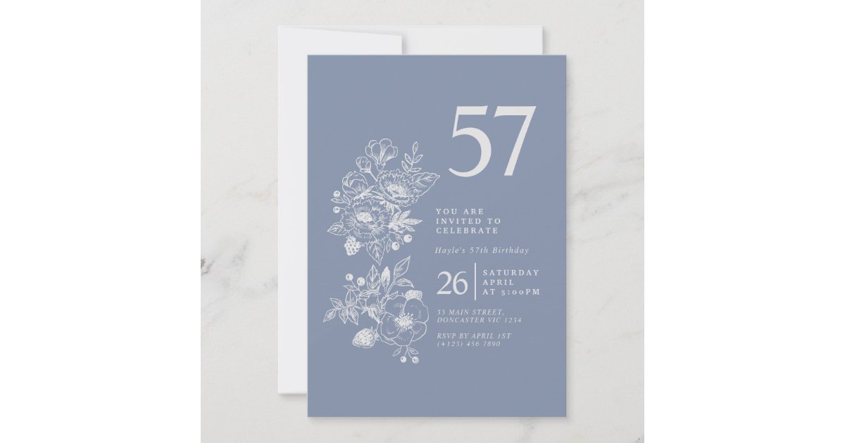 Botanical Wildflower Dusty Blue 57th Birthday Invitation | Zazzle