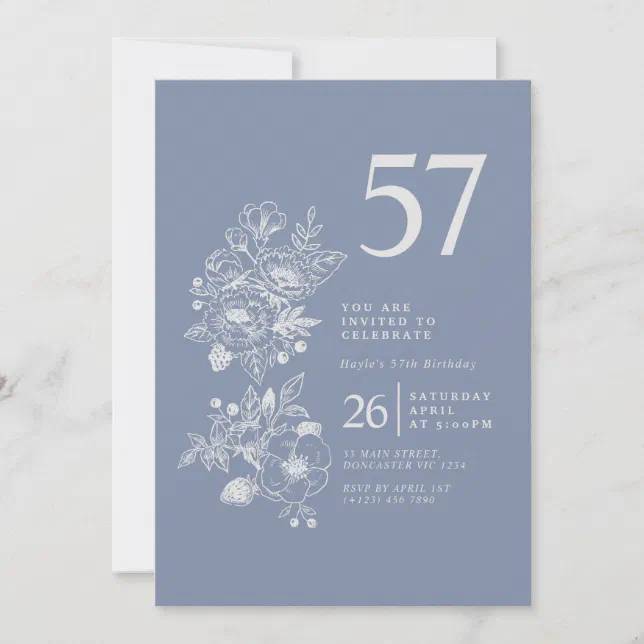 Botanical Wildflower Dusty Blue 57th Birthday Invitation | Zazzle