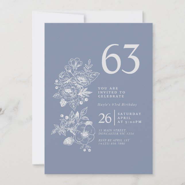 Botanical Wildflower Dusty Blue 63rd Birthday Invitation (Front)