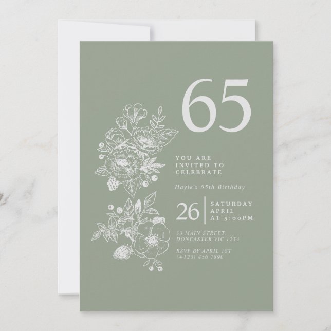 Botanical Wildflower Dusty Blue 65th Birthday Invitation (Front)