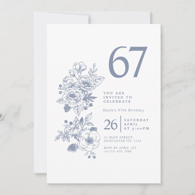 Botanical Wildflower Dusty Blue 67th Birthday Invitation (Front)