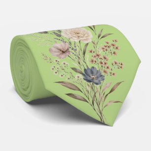 Botanical Wildflower Embroidered-Style Green Neck Tie