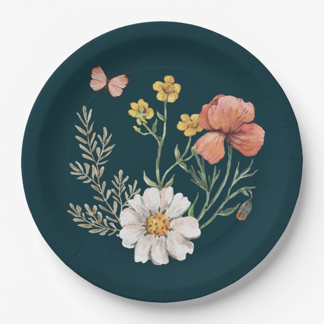 Botanical Wildflower Flower Boho  Paper Plates (Front)