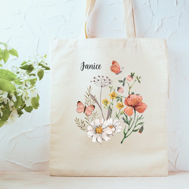 Botanical Wildflower Flower Boho Personalized Tote Bag (Creator Uploaded)