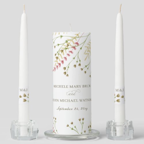 Botanical Wildflower Light Airy Spring Wedding Unity Candle Set
