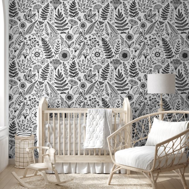 Botanical Wildflower Meadow Black White Paintable Wallpaper (Kids)