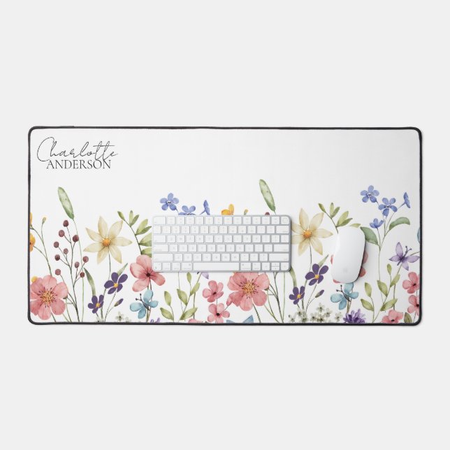  Botanical Wildflower Name Monogram White Desk Mat (Keyboard & Mouse)
