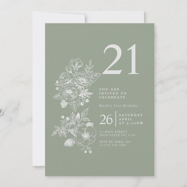 Botanical Wildflower Sage Green 21st Birthday Invitation (Front)