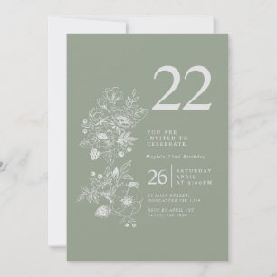 Botanical Wildflower Sage Green 22nd Birthday Invitation