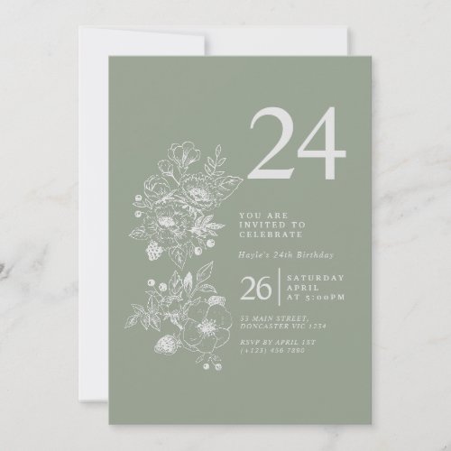 Botanical Wildflower Sage Green 24th Birthday Invitation