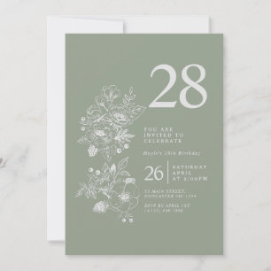 Botanical Wildflower Sage Green 28th Birthday Invitation