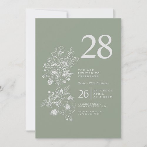 Botanical Wildflower Sage Green 28th Birthday Invitation