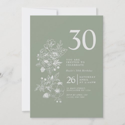 Botanical Wildflower Sage Green 30th Birthday Invitation