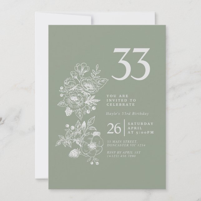 Botanical Wildflower Sage Green 33rd Birthday Invitation (Front)