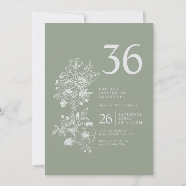 Botanical Wildflower Sage Green 36th Birthday Invitation (Front)