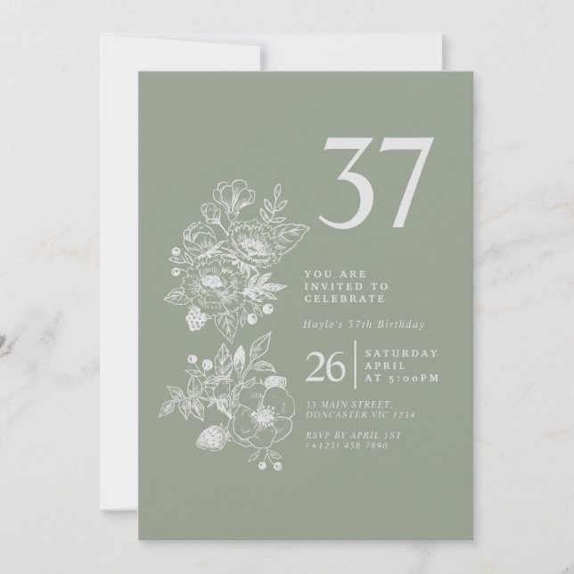 Botanical Wildflower Sage Green 37th Birthday Invitation (Front)
