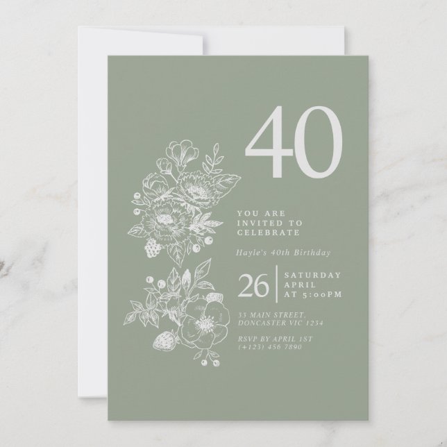 Botanical Wildflower Sage Green 40th Birthday Invitation (Front)