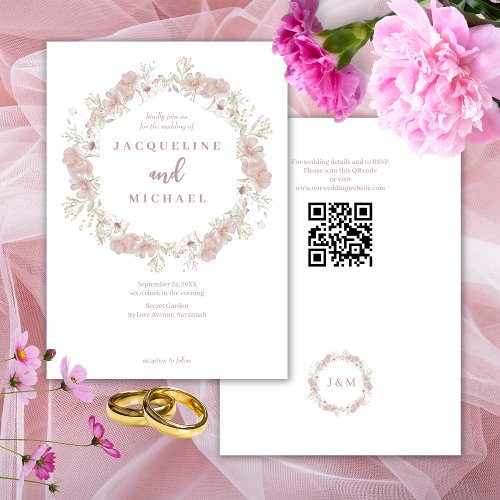 Botanical Wildflowers Blush QR code RSVP Wedding  Invitation