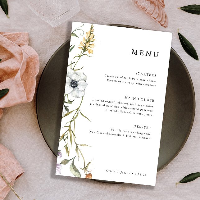 Botanical Wildflowers | Elegant Wedding Menu (A trendy and whimsical wedding menu featuring colorful wildflowers)