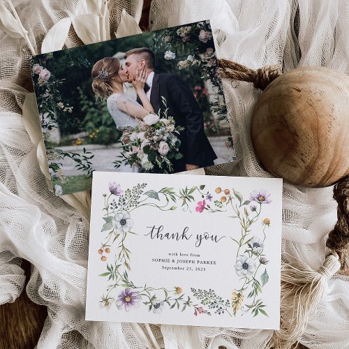 Botanical Wildflowers  Elegant Wedding Photo Thank You Card