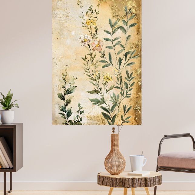 Botanical wildflowers including daisies in white,  poster (Living Room 3)