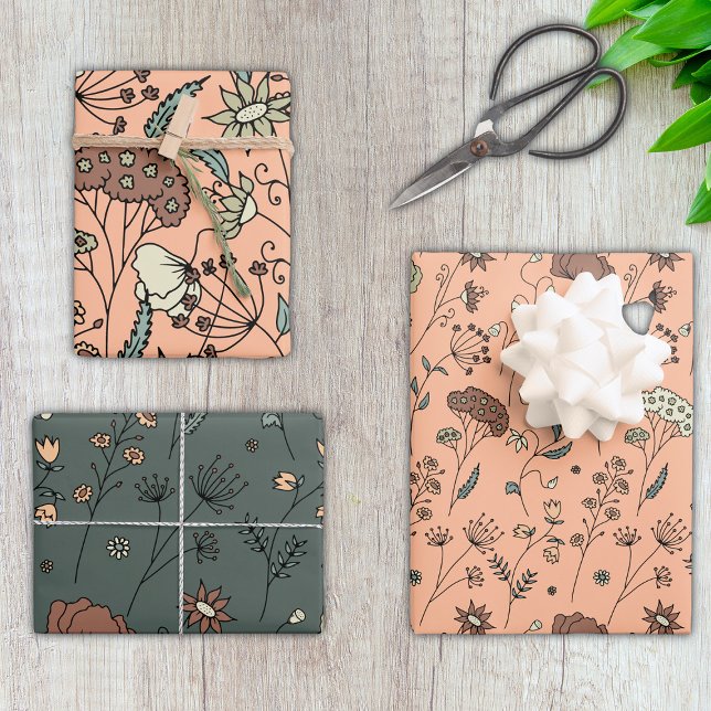 Botanical Wildflowers Peach Fuzz & Olive Green Wrapping Paper Sheets (Creator Uploaded)