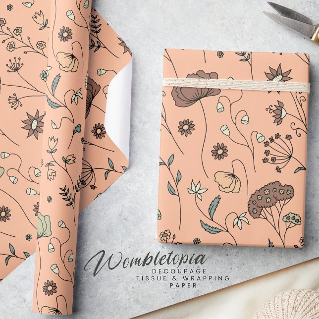 Botanical Wildflowers Peach Fuzz With Sage Green Wrapping Paper (Creator Uploaded)