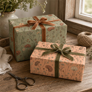 Botanical Wildflowers Peach & Sage Green Wrapping Paper Sheets