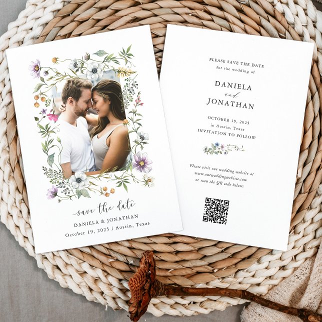 Botanical Wildflowers | Photo and QR Code Save The Date (An elegant wildflower wedding save the date, with your photo and a QR code)