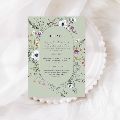 Botanical Wildflowers  Soft Green Wedding Details Enclosure Card
