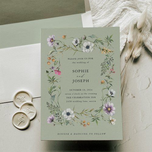 Botanical Wildflowers  Soft Green Wedding Invitation