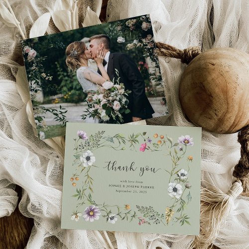 Botanical Wildflowers  Soft Green Wedding Photo Thank You Card