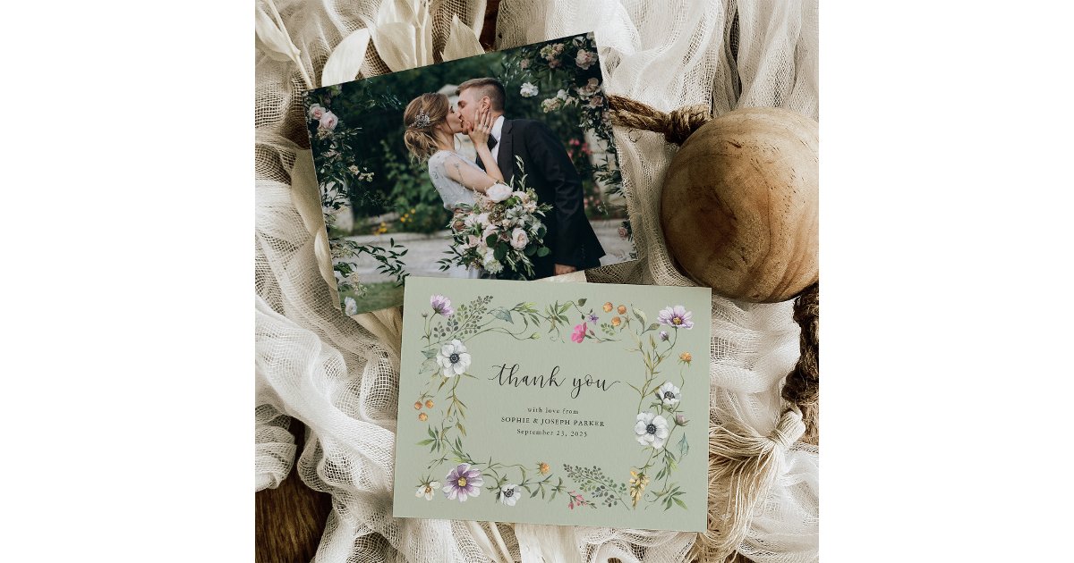 Botanical Wildflowers | Soft Green Wedding Photo Thank You Card | Zazzle