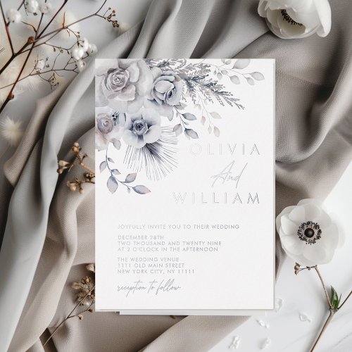 Botanical Winter Floral Elegant Silver Wedding Foil Invitation